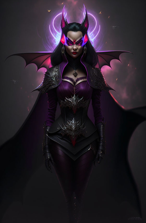 Fantasy female character with dark angel wings and purple eyes in armor.