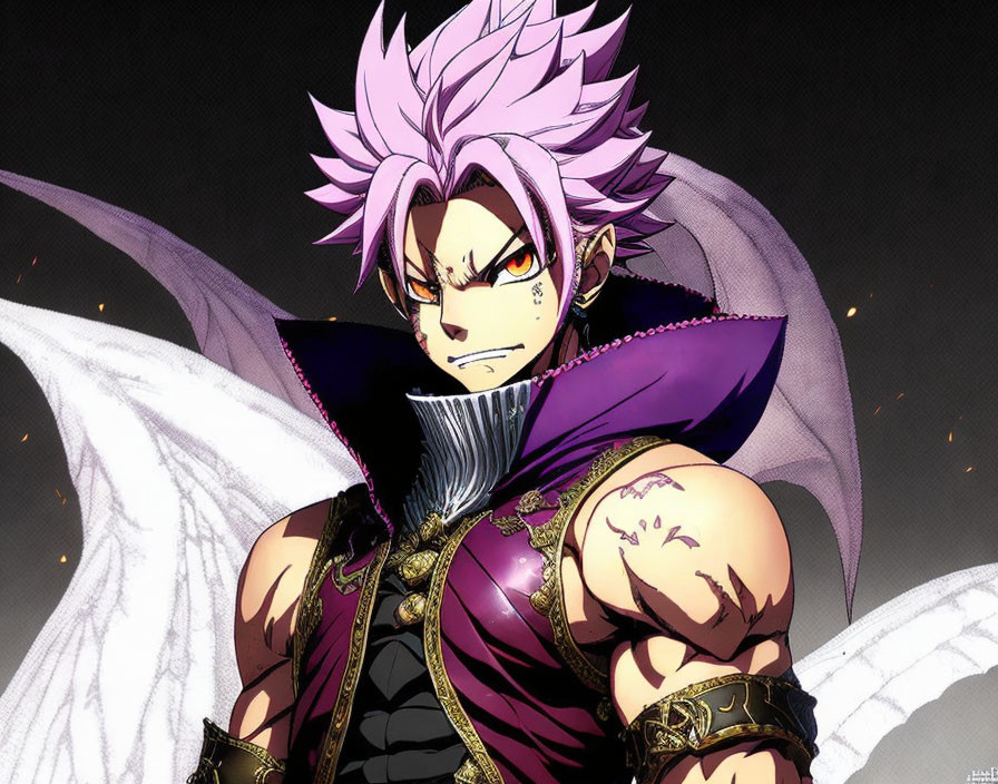 Animated character with spiky pink hair in dark armor and cape, set against intense background.