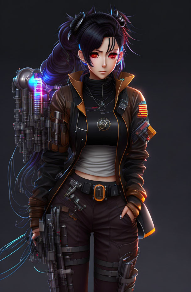 Futuristic female character with cybernetic arm and detailed hair on dark backdrop