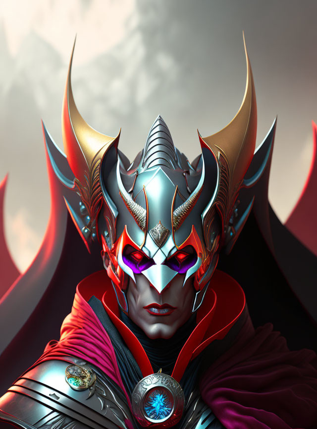 Detailed Horned Helmet and Glowing Eyes on Fantasy Character in Metallic Armor and Red Cape