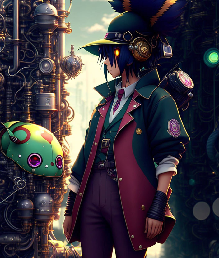 Blue-haired anime character in hat and goggles with mechanical fish, set against intricate machinery