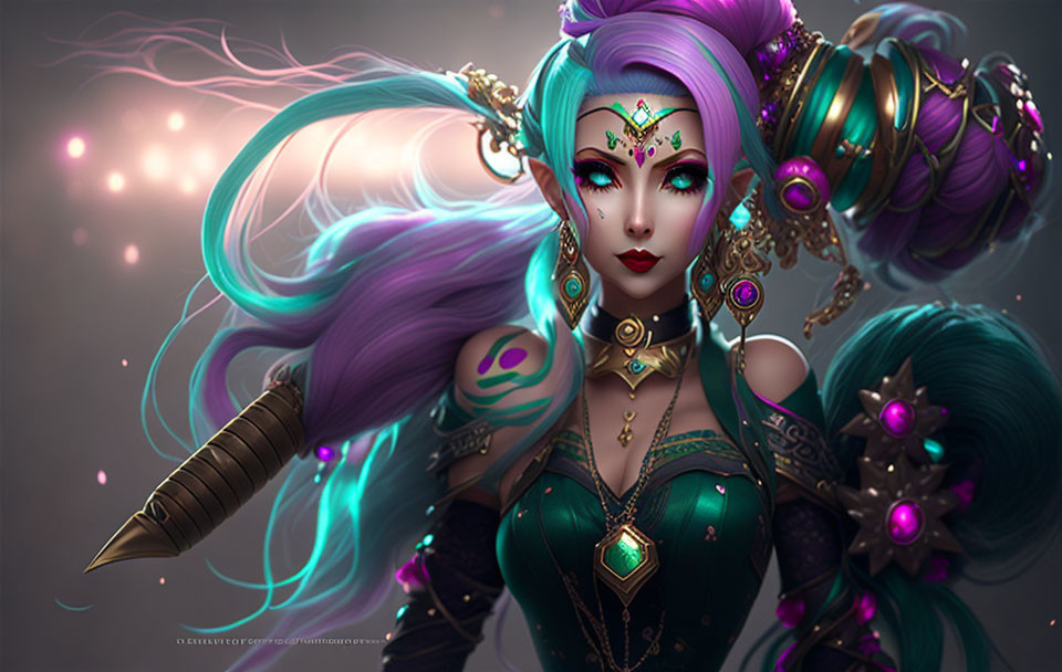 Fantasy illustration of woman with purple hair and ornate jewelry