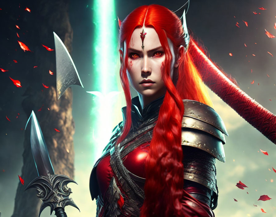 Fantasy female elf with red hair, green eyes, silver and red armor, dual-wielding swords