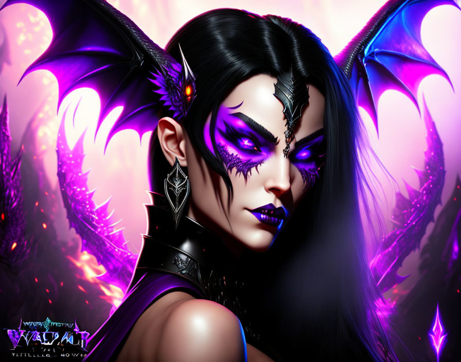 Female character with dark makeup, bat-like wings, and purple highlights in a mystical setting