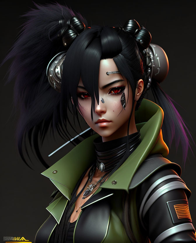 Digital artwork of female character with black hair in buns, cybernetic enhancements, and green &