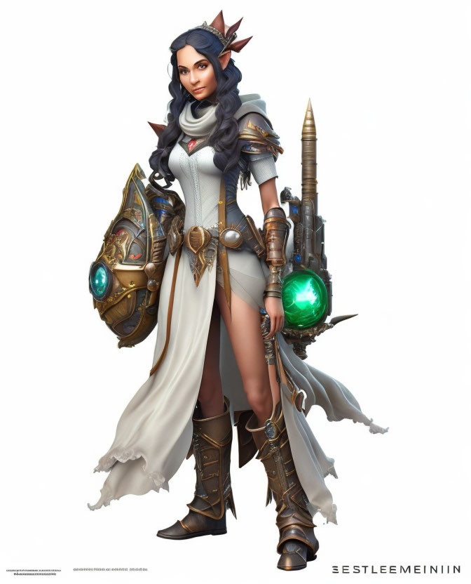 Animated female warrior with elfin features and staff with green crystal.