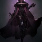 Fantasy female character with dark angel wings and purple eyes in armor.