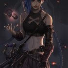 Futuristic female character with cybernetic arm and detailed hair on dark backdrop