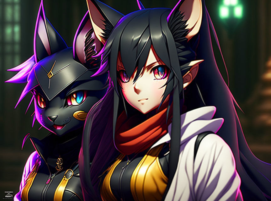 Anime-style characters with cat traits: one with black hair and red eyes, the other in dark outfit