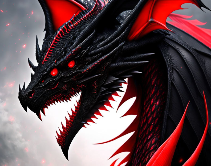 Digital Artwork: Fierce Black and Red Dragon with Glowing Eyes