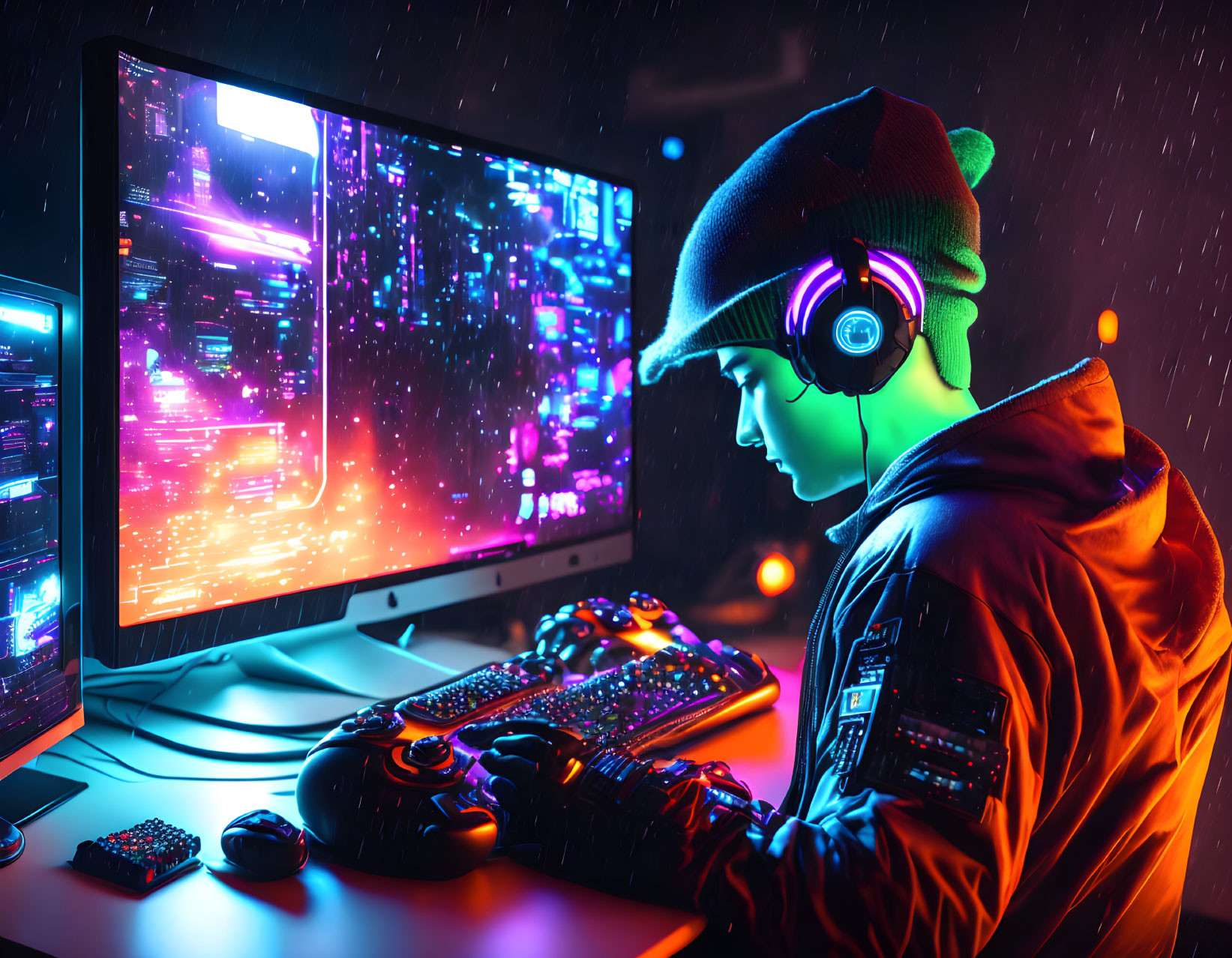 Gamer in neon-lit room with dual monitors playing vibrant graphics