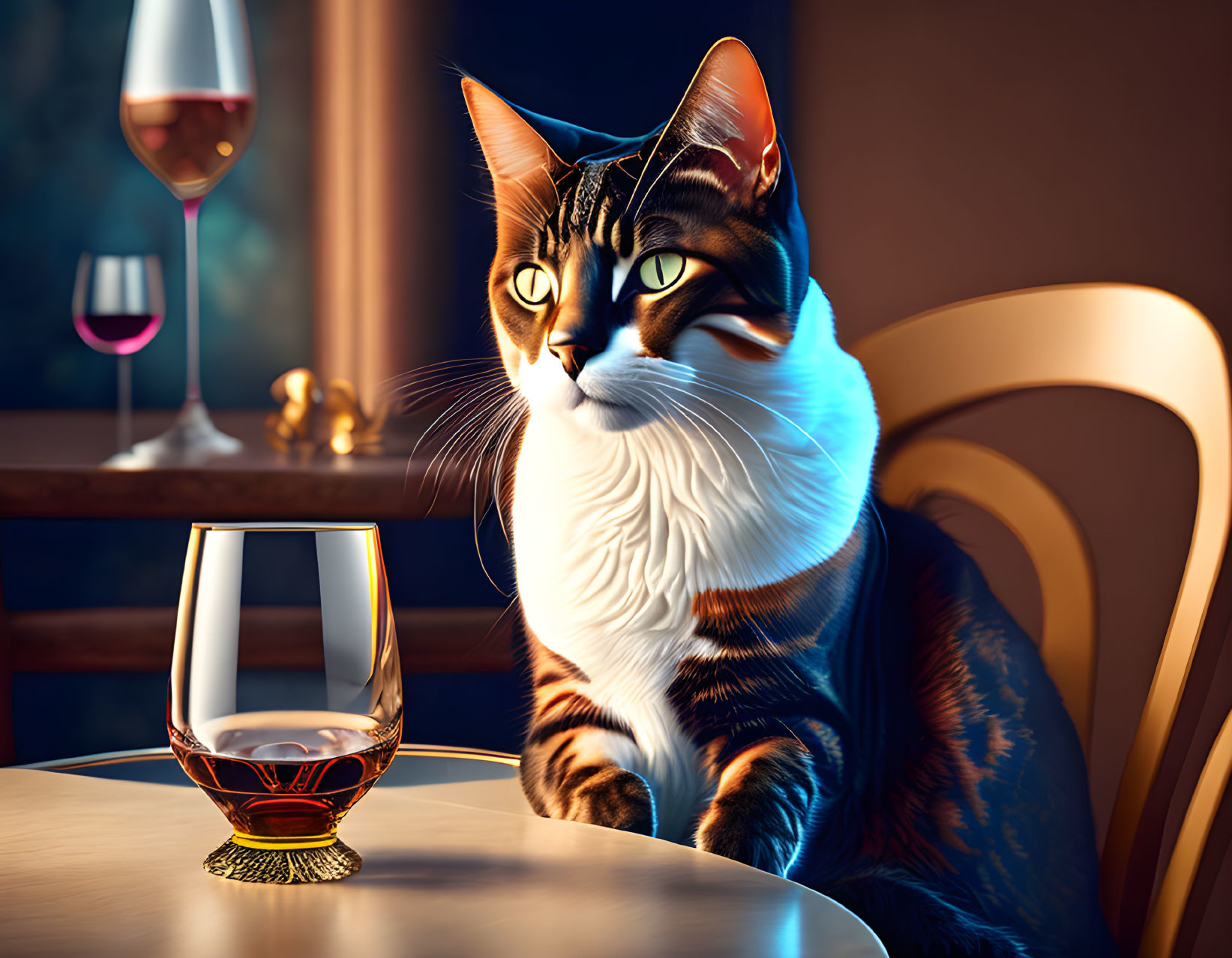 Strikingly marked domestic cat with glass of red wine and brandy on table