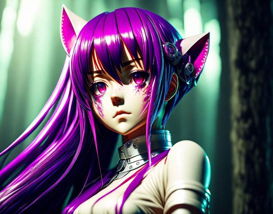 Digital artwork: Female anime character with purple hair, cat ears, futuristic headphones, and neon-lit