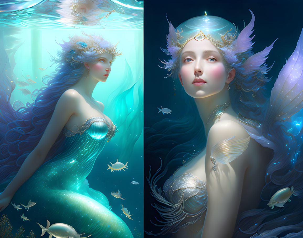 Ethereal mermaid with glistening tail, delicate wings, sea-themed crown, surrounded by lum