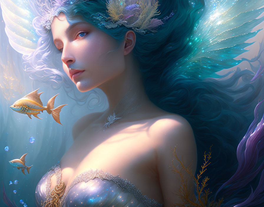 Fantastical female figure with flowing blue hair and marine fauna adornments surrounded by fish and coral-like