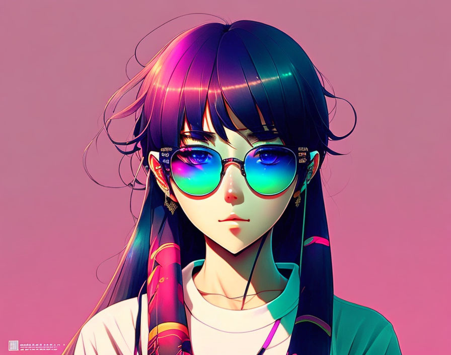 Colorful-haired girl in reflective sunglasses on pink background