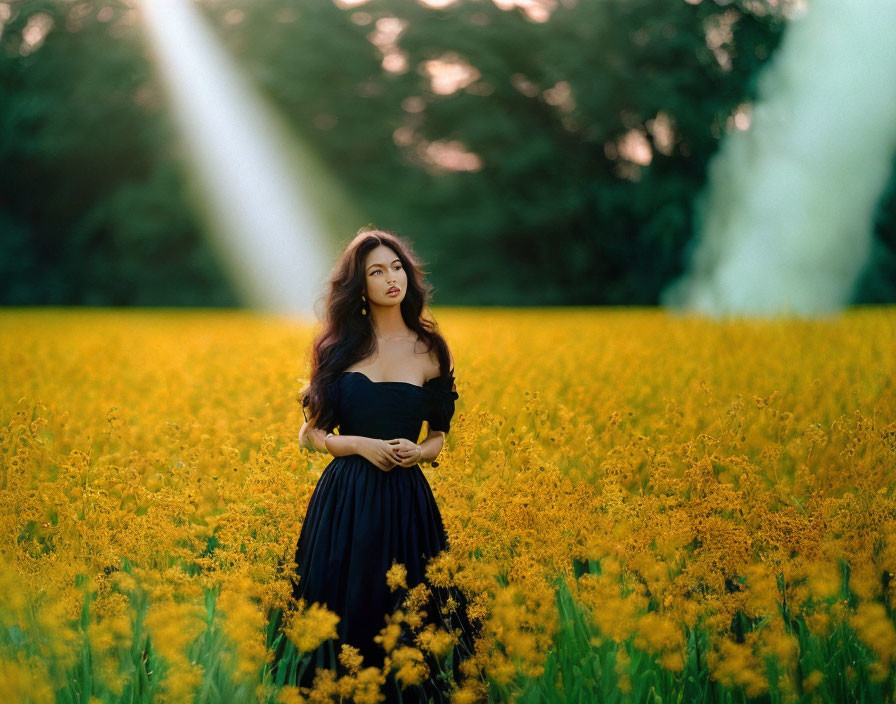 Woman in Black Dress in Vibrant Yellow Flower Field with Sunlight and Trees