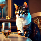 Strikingly marked domestic cat with glass of red wine and brandy on table