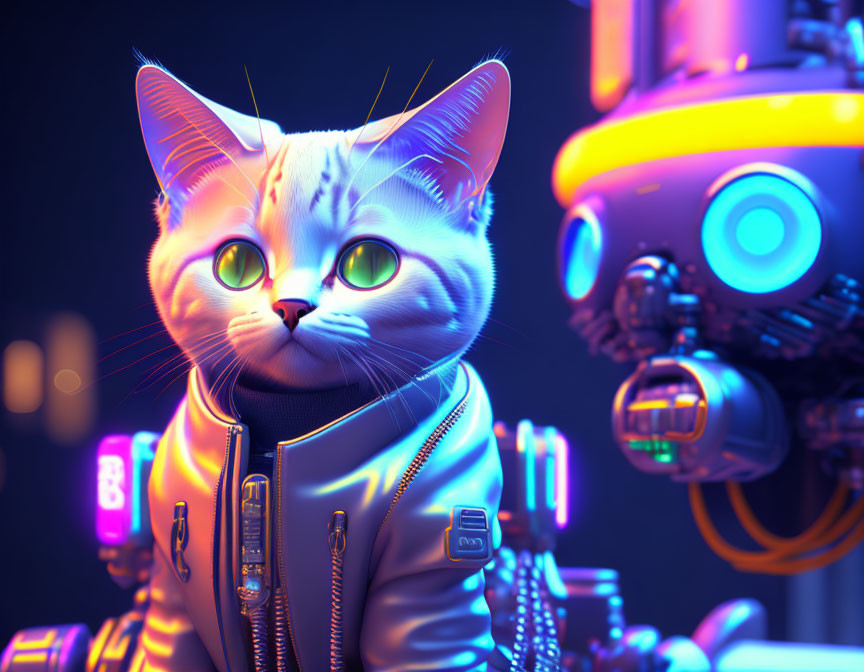 Stylized cat and robot with detailed lighting in digital art