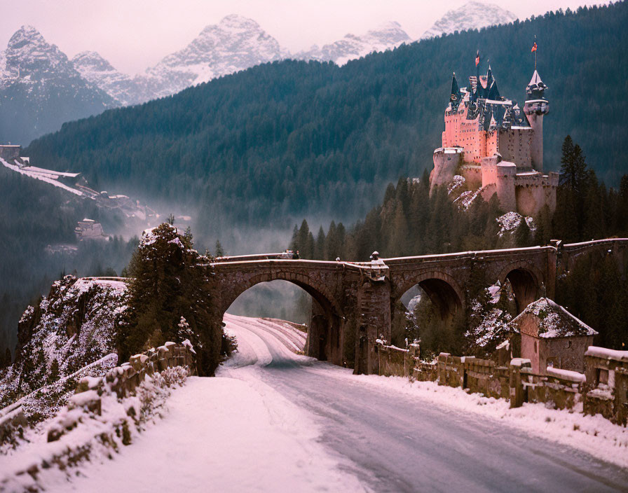 Snowy road to castle with spires in mountainous forest setting