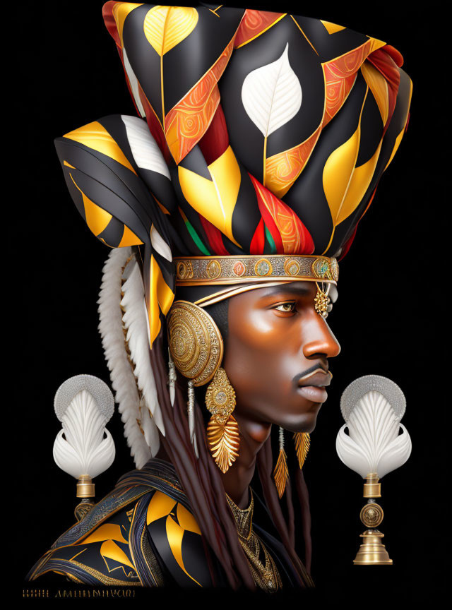 Digital portrait featuring ornate turban, feathered earrings, golden jewelry, and feathered ornaments on