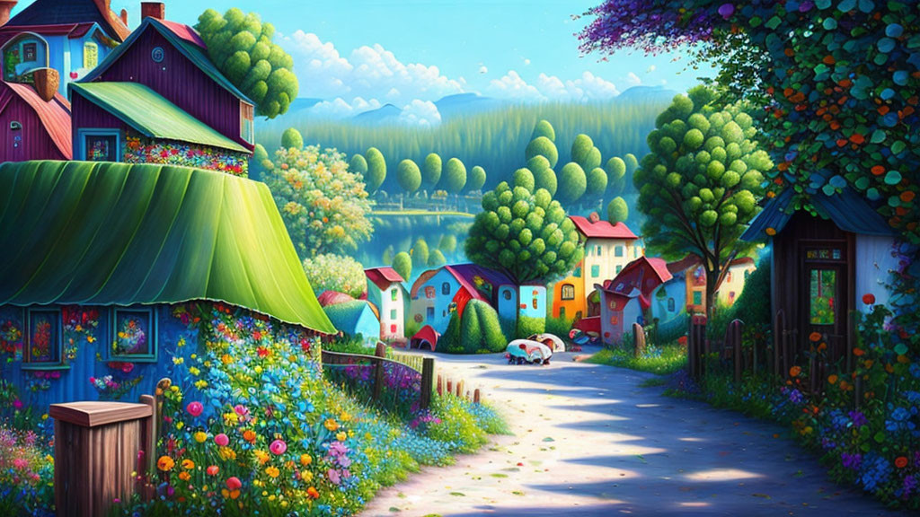 Colorful Village with Whimsical Houses, Flowers, and Lake in Sunny Setting