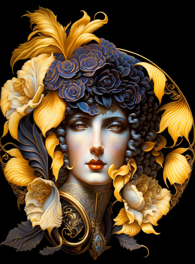 Detailed feminine figure with golden leaf headdress and blue roses on black background