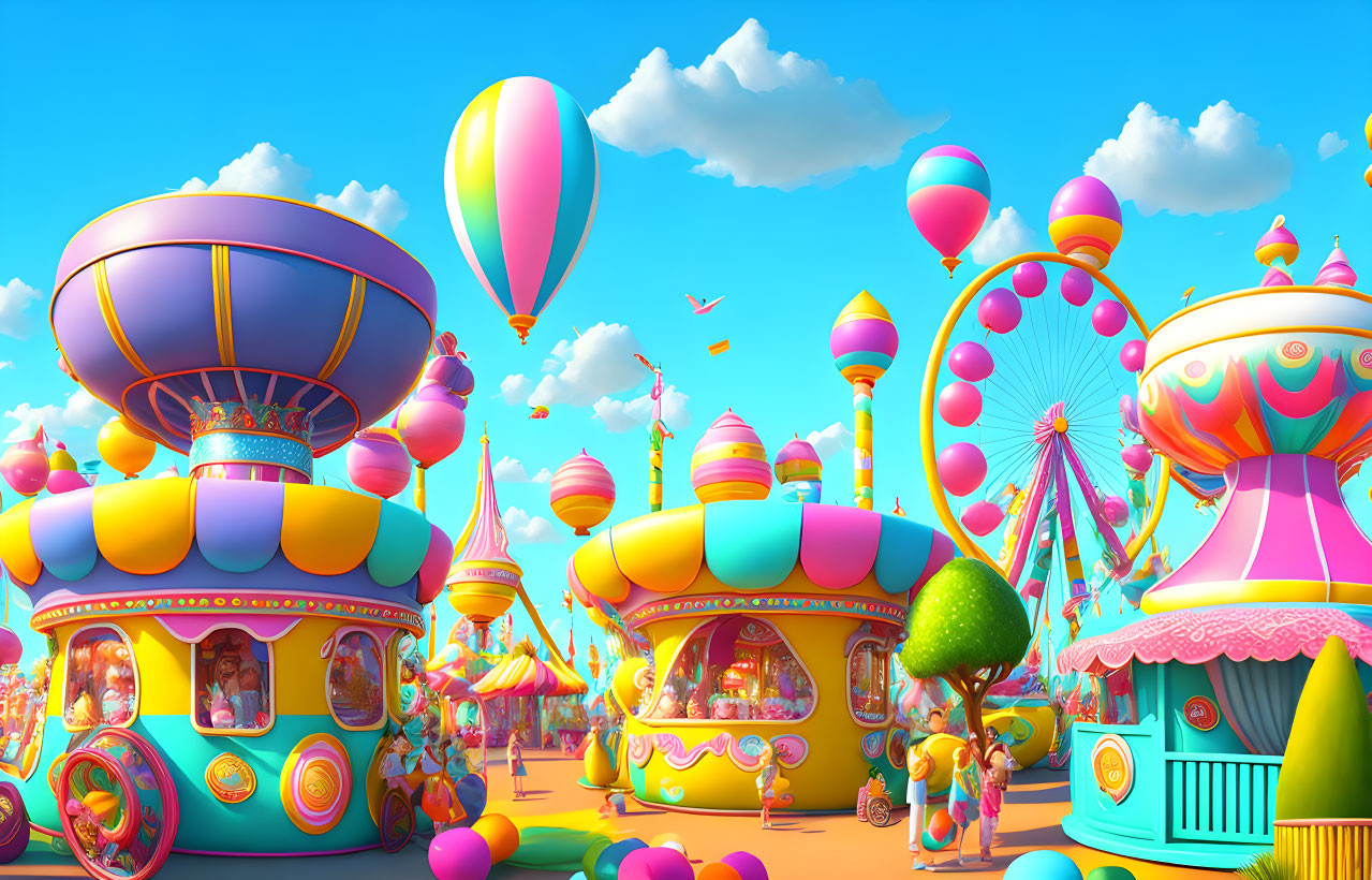 Fantasy amusement park with colorful structures and Ferris wheel