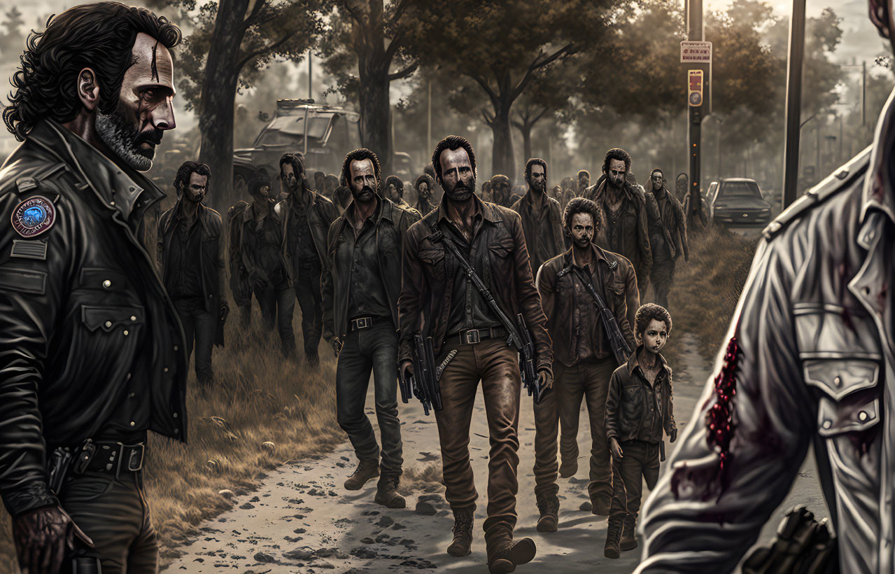 Group of survivors led by bearded man in leather jacket in zombie-infested landscape