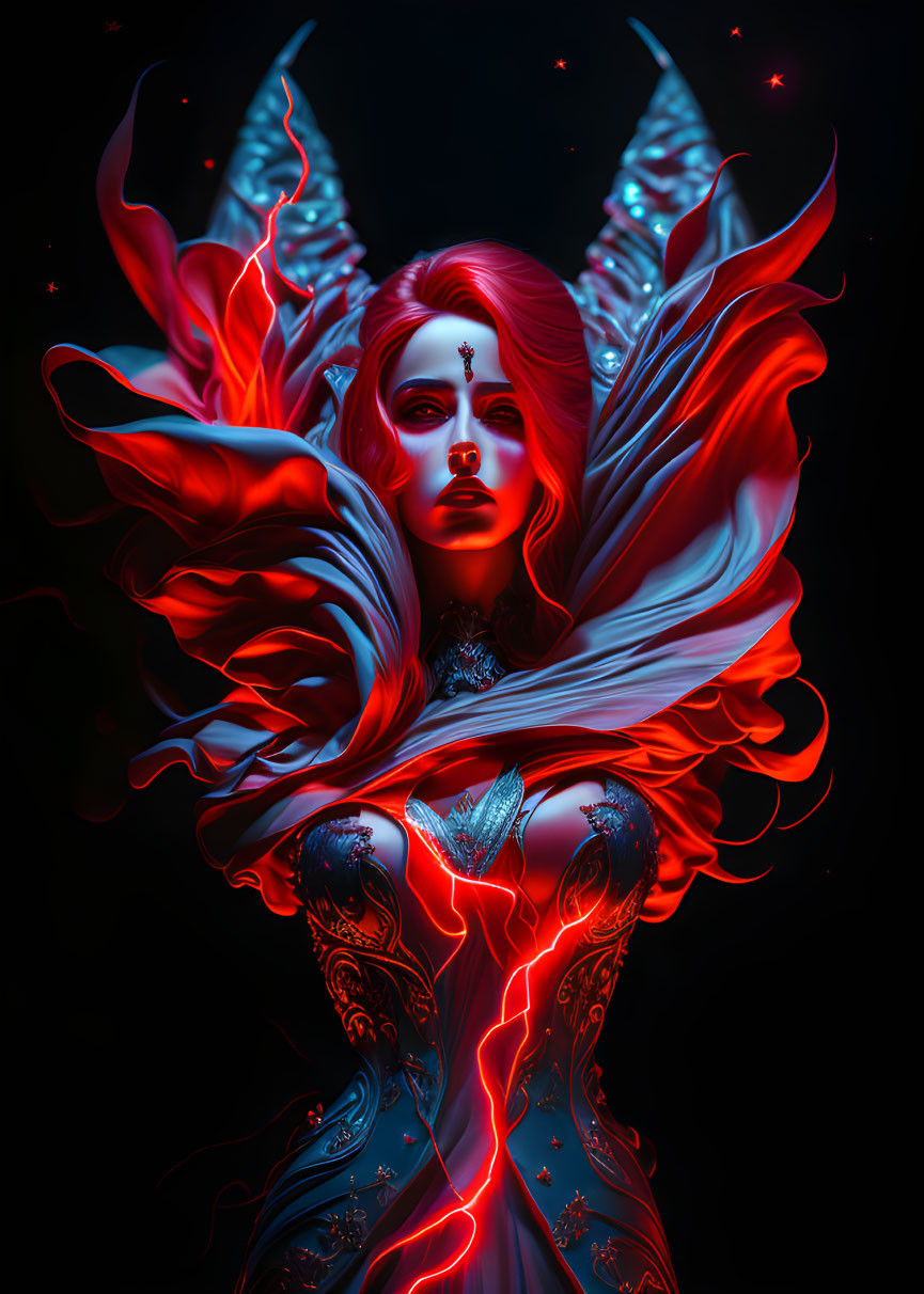 Vibrant digital artwork: red-haired ethereal figure with glowing blue patterns, fiery red fabrics.