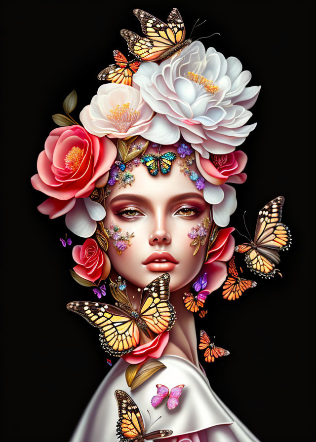 Surreal digital artwork of woman with vibrant flowers and butterflies