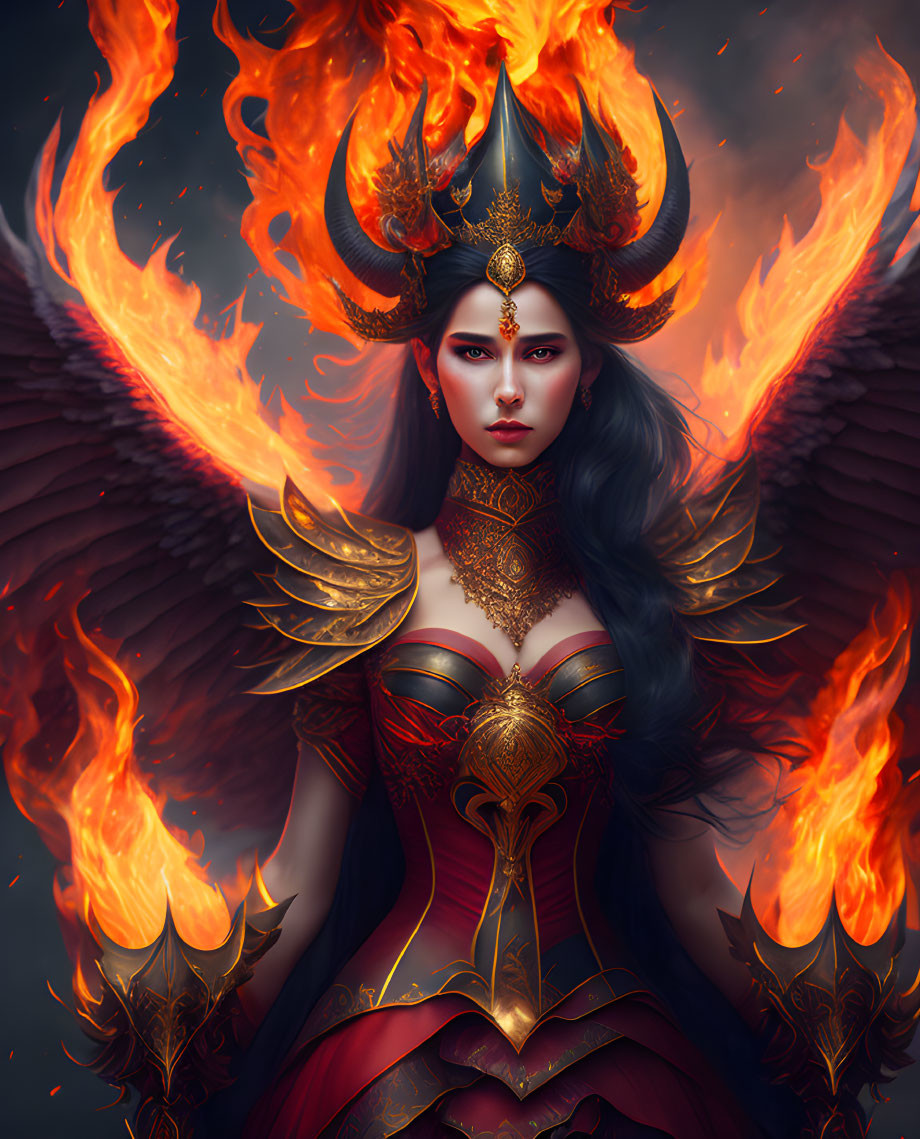 Majestic female figure with horns and wings in golden armor surrounded by flames