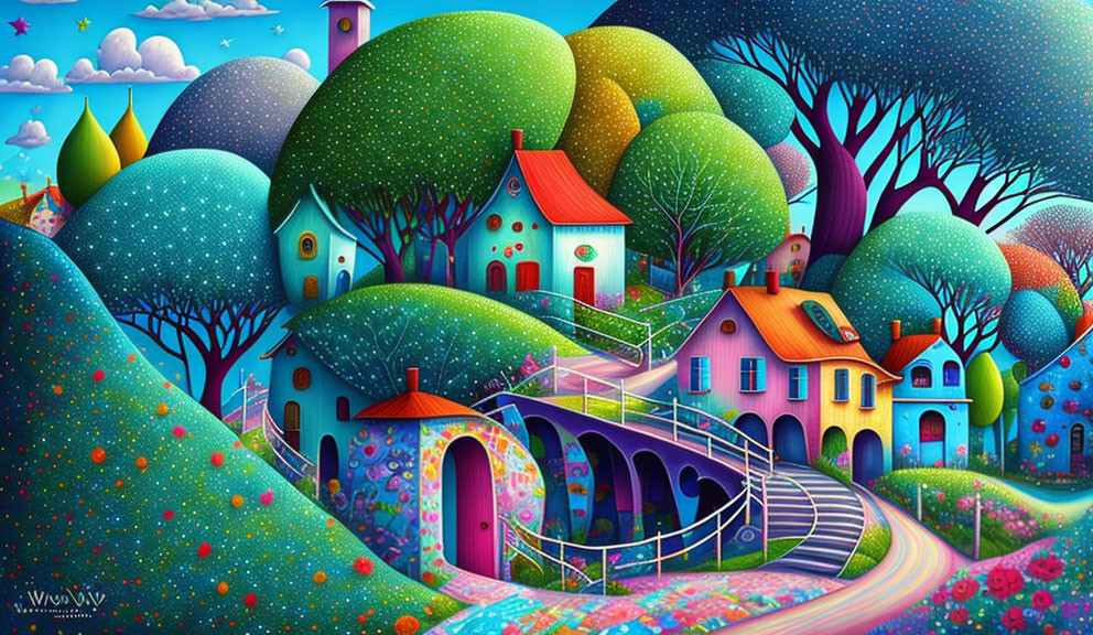 Colorful Artwork: Whimsical Houses in Tree-Covered Hills