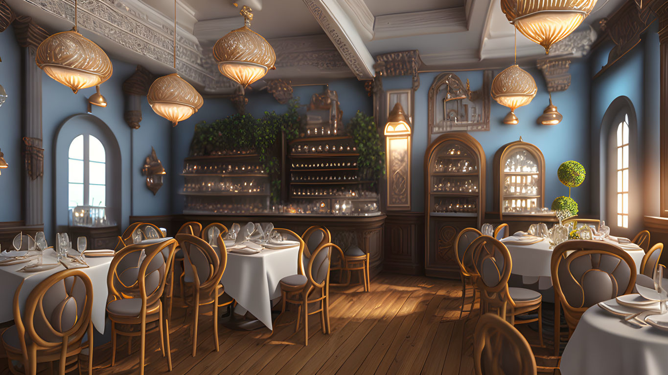 Ornate dining room with elegant decor and wood-paneled bar