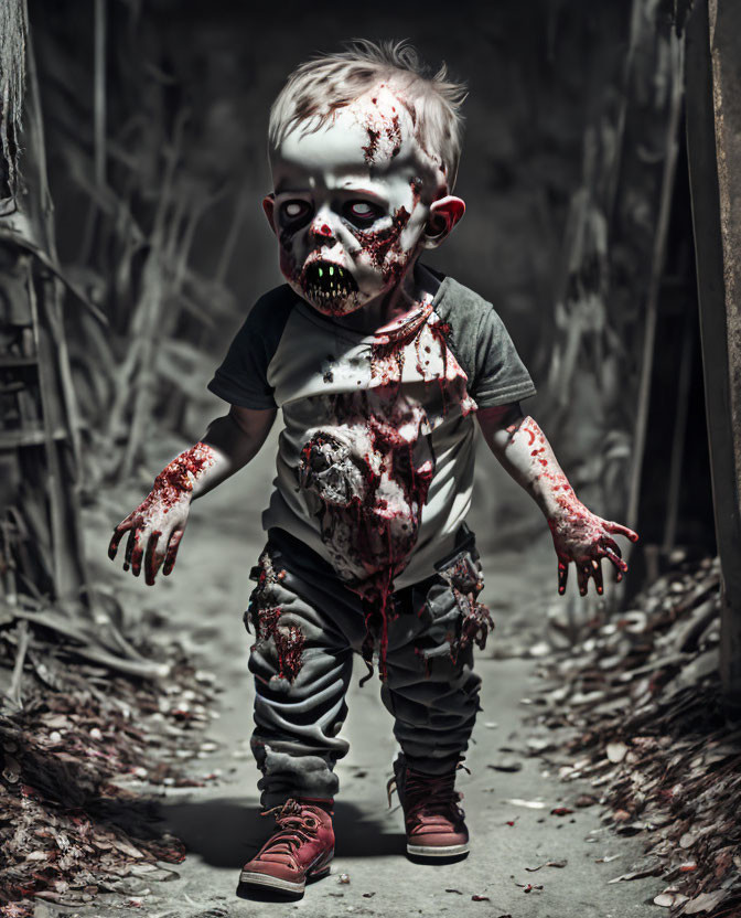 Young child in zombie costume in spooky alleyway