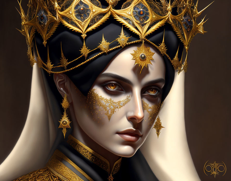 Regal figure with golden crown and intense gaze on warm backdrop