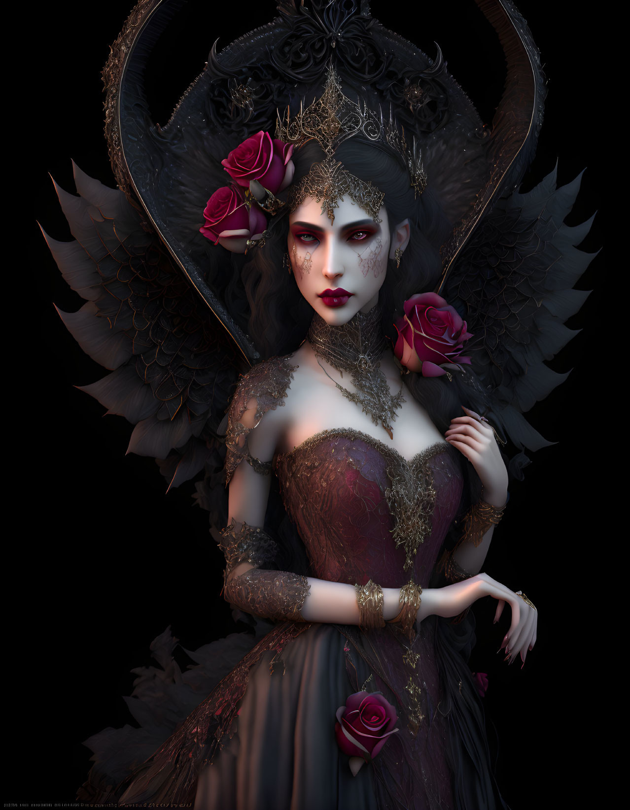 Dark Angel Wings and Rose-Adorned Dress Gothic Fantasy Figure