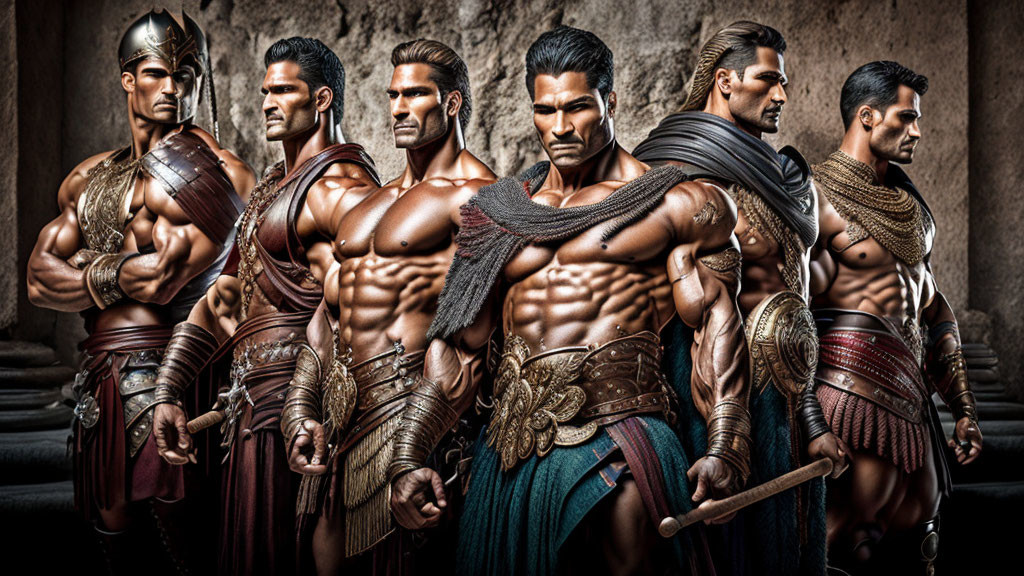 Five Men in Gladiator Costumes with Armor and Capes Stand Strong