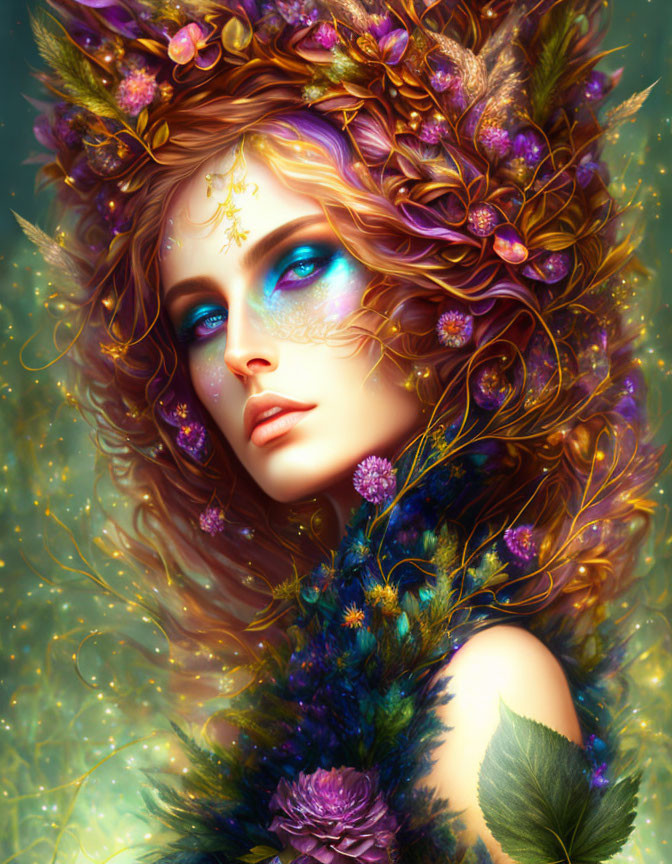 Colorful digital artwork of a woman with floral headdress and blue eyes