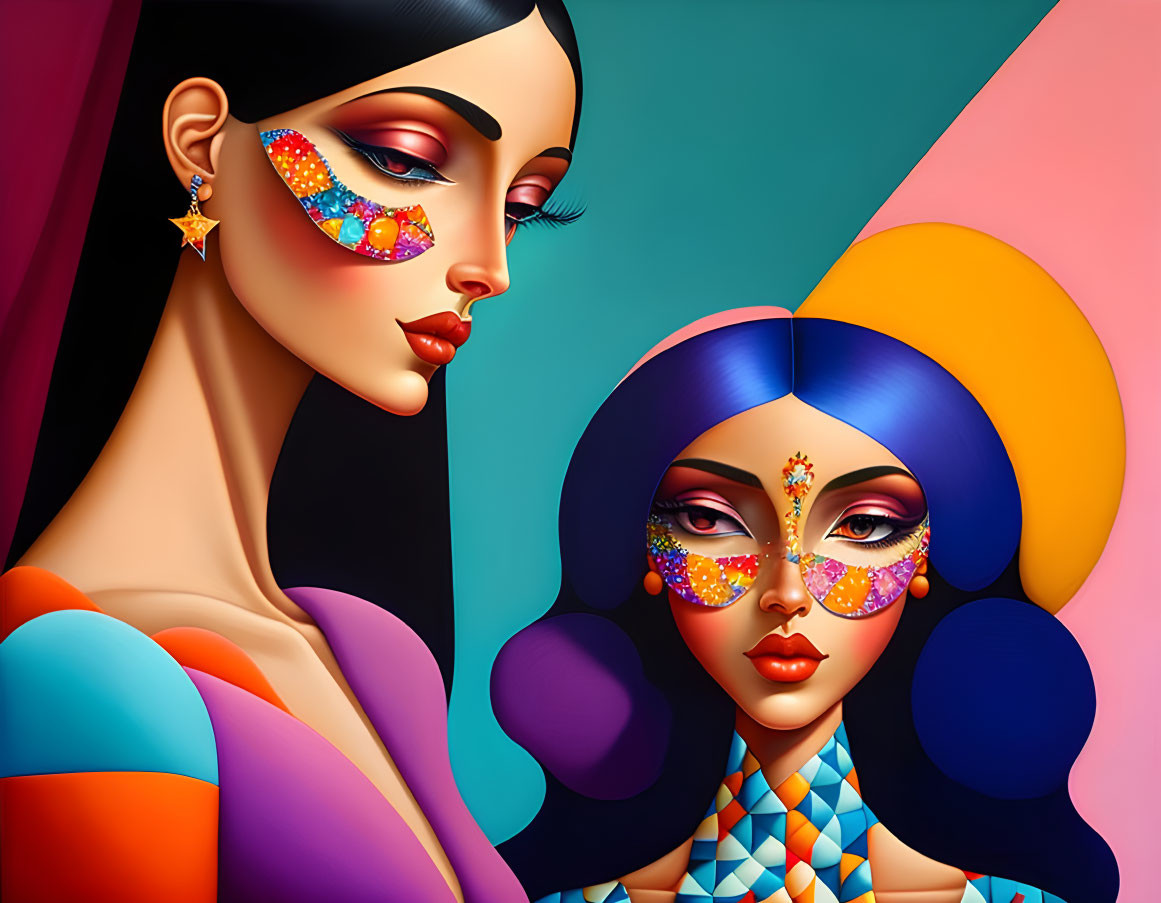 Colorful Stylized Female Figures with Elaborate Makeup on Geometric Background