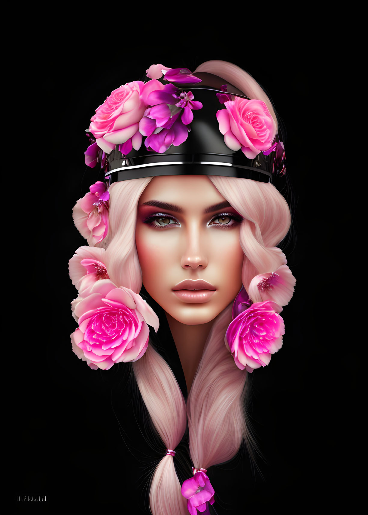 Digital portrait of woman with pale pink hair and floral headpiece on dark background