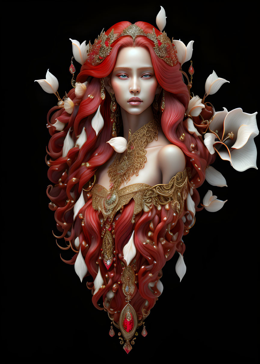 Fantasy illustration of woman with red hair, crown, and gold jewelry on dark background