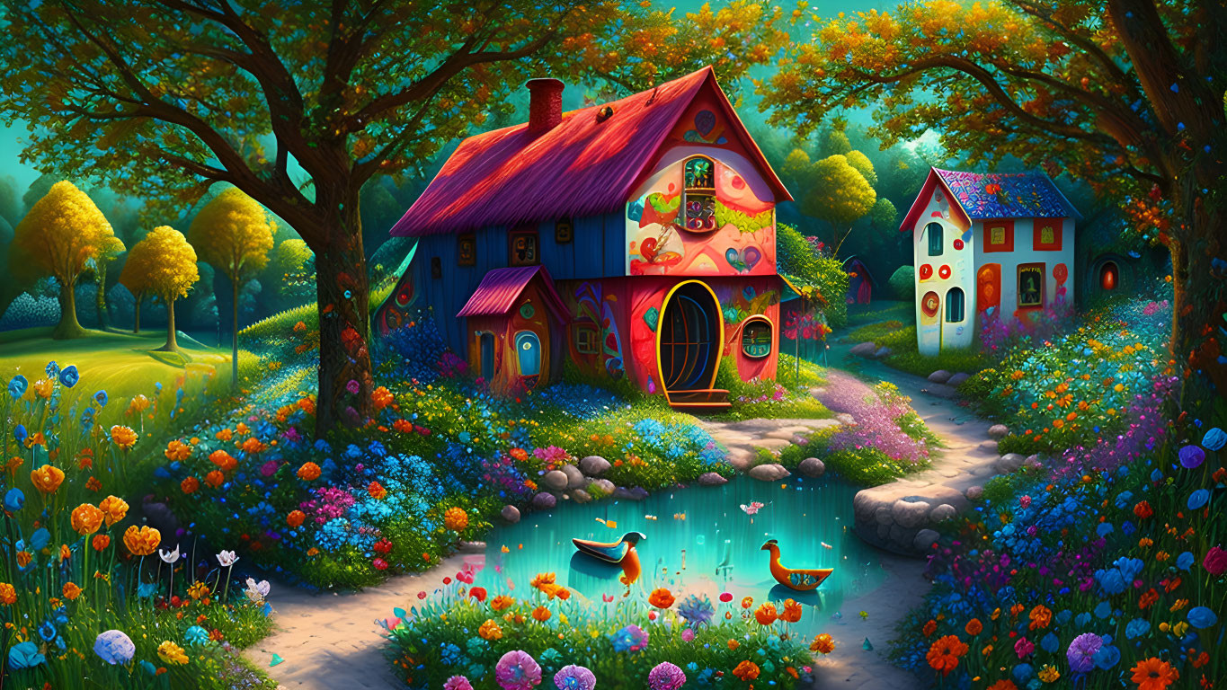 Whimsical cottage in colorful garden by serene pond