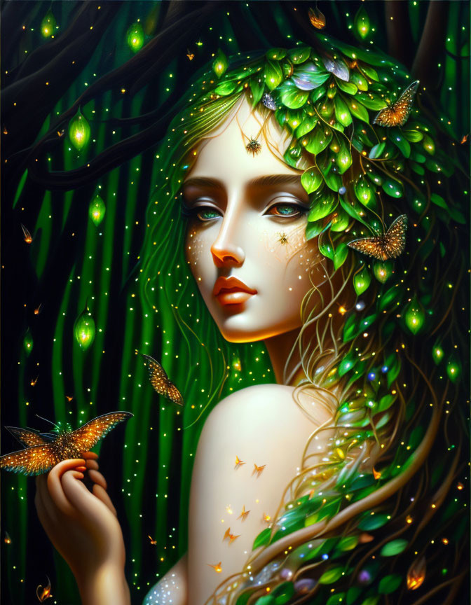 Fantastical female figure with glowing leaves and butterflies in luminous, verdant setting