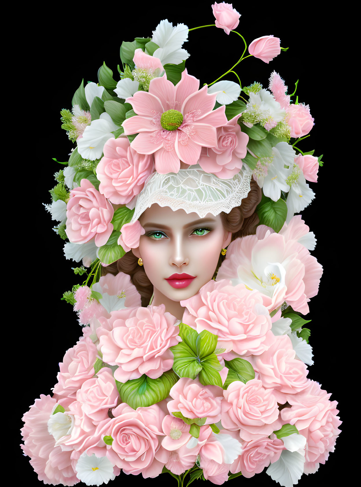 Detailed Floral Woman Face Illustration with Pink Roses and White Lilies