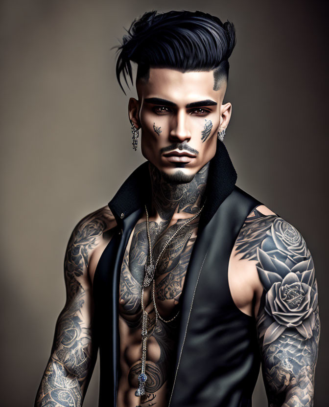 Man with Elaborate Tattoos, Mohawk, Facial Hair, Piercings, Sleeveless