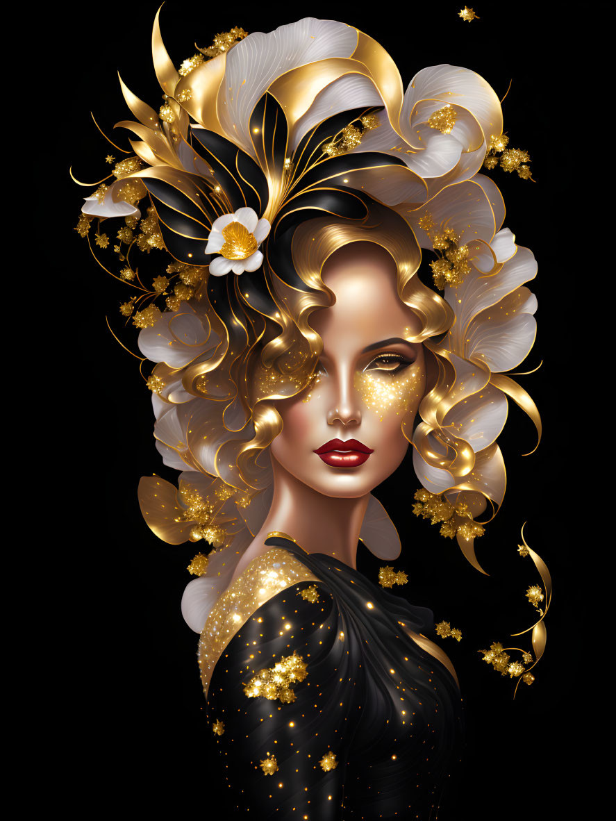 Woman with golden flowers and butterflies in hair on black background