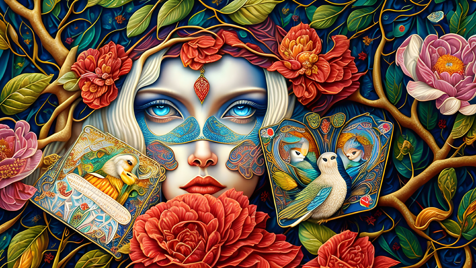 Colorful artwork of woman's face with floral patterns, birds, and ornamental elements