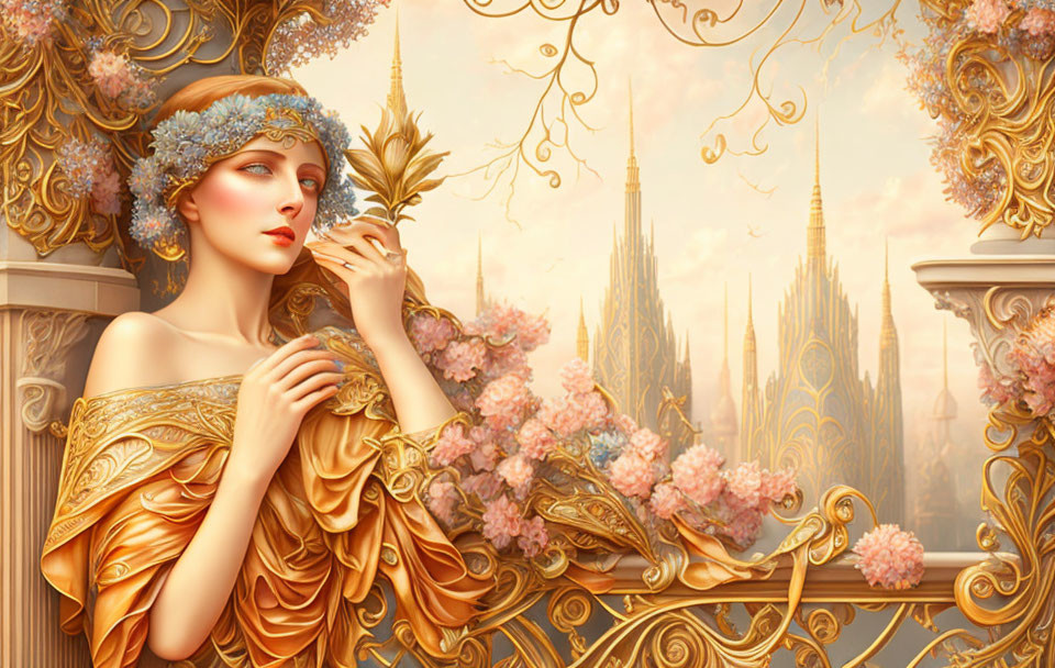 Golden dress woman with feather in ornate architecture and blossoms