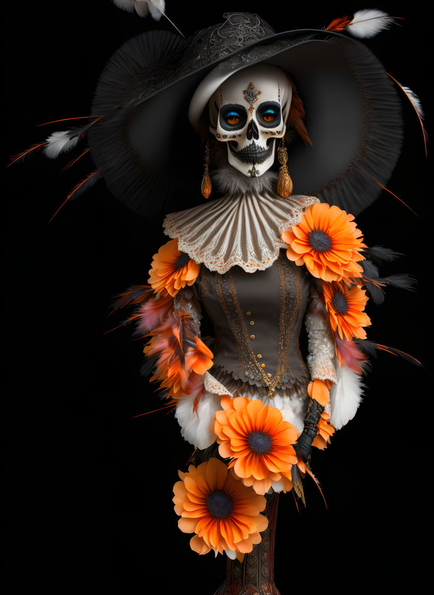 Person in ornate costume with skull face paint, wide-brimmed hat, feather details, and